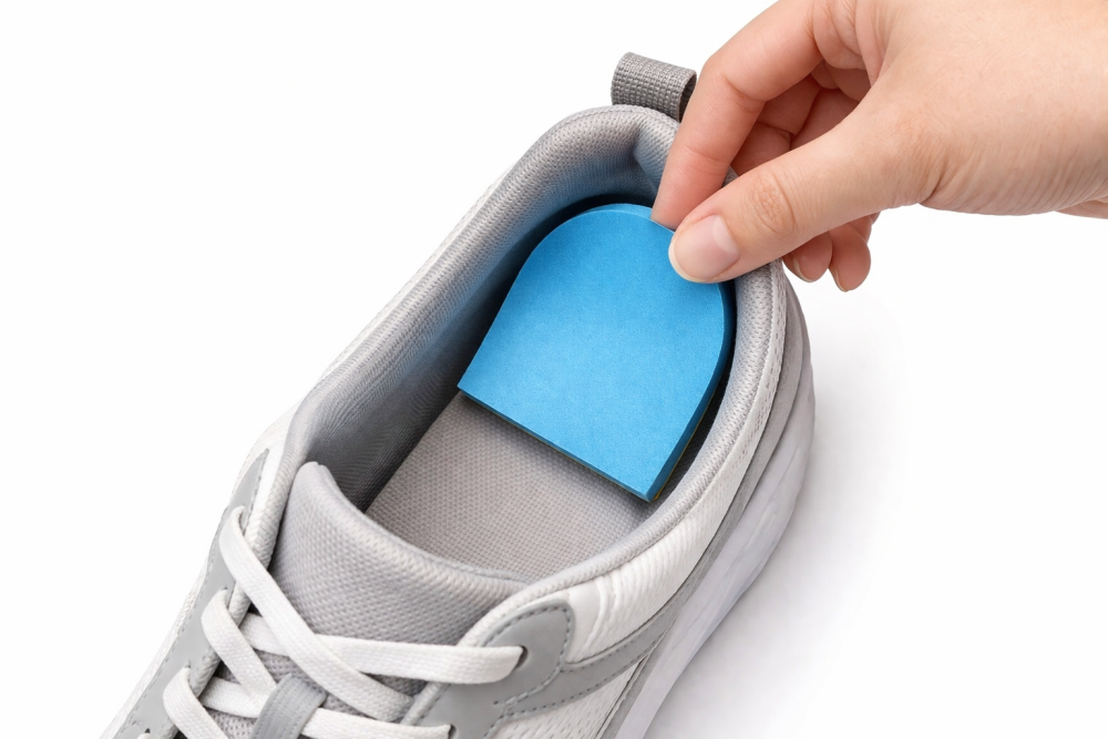 Poron 4708 heel cushion with adhesive backing being inserted inside shoe