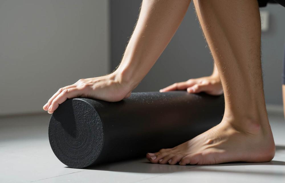 Black Physioworx foam roller for physiotherapy, rehabilitation and mobility exercises