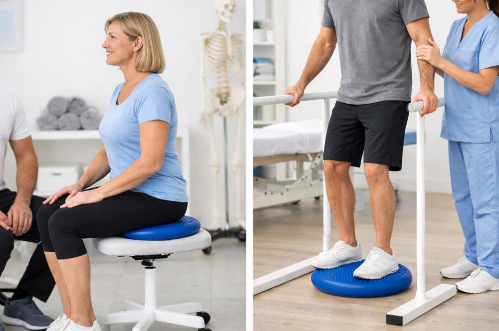 Wobble Cushion being used for rehab by adults
