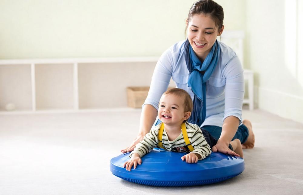 Floor based sensory cushion with toddler and mother