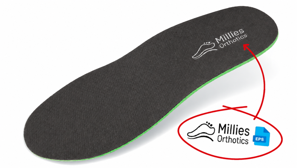 Black orthotic top cover printed with a clinic logo