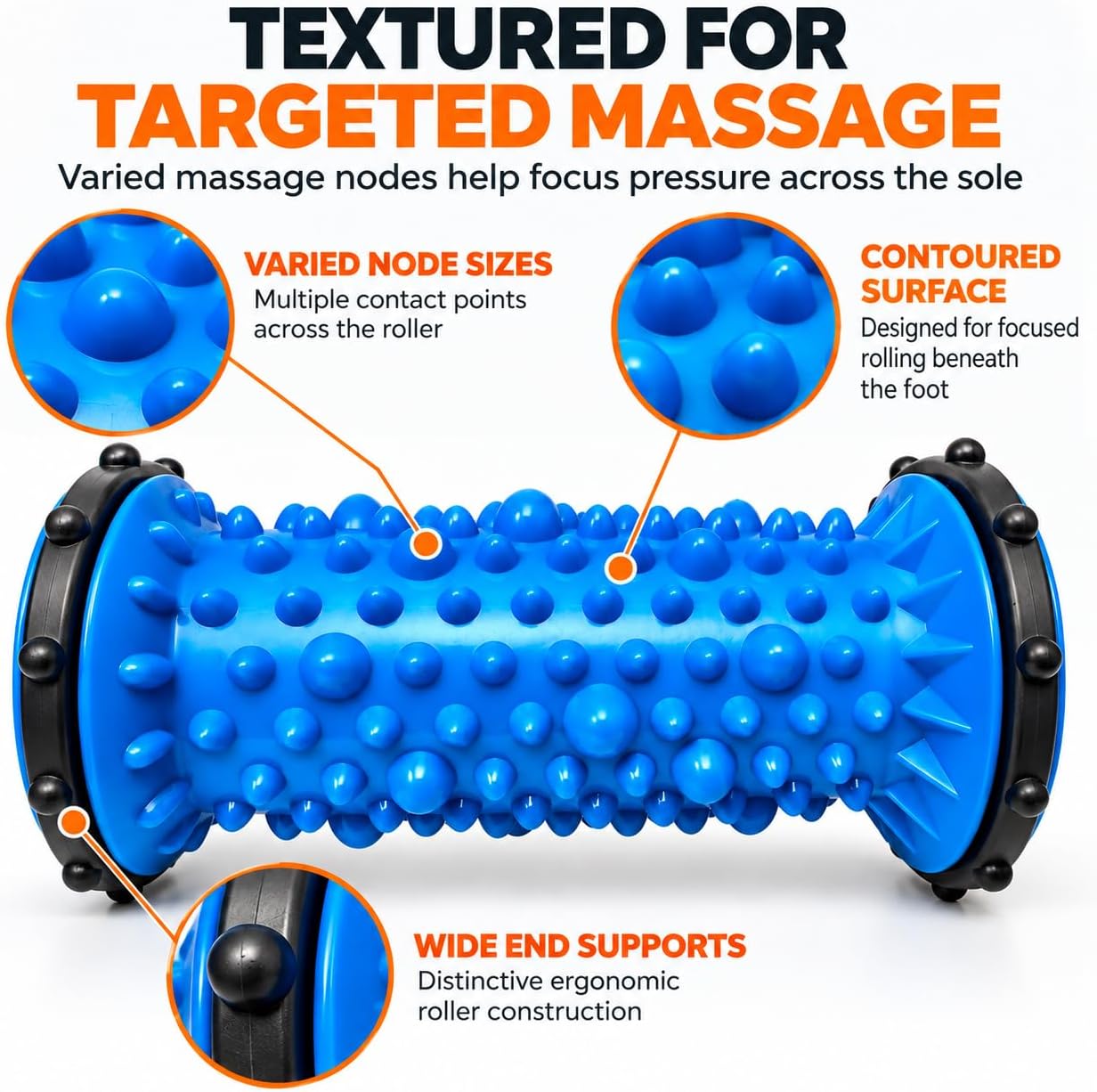 Physioworx SoleFlex foot massager showing varied massage nodes, contoured rolling surface and wide end supports