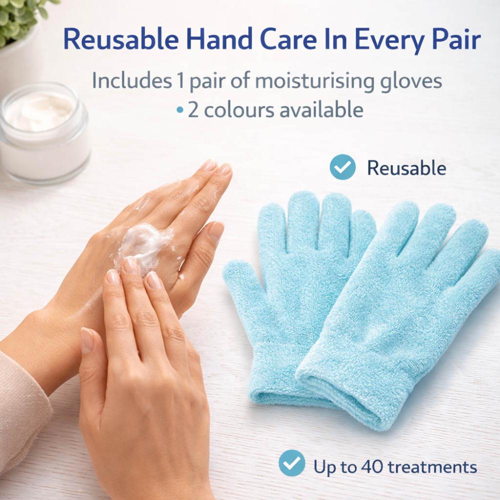 Moisturising gel gloves shown with retail packaging and a pair of soft blue gloves