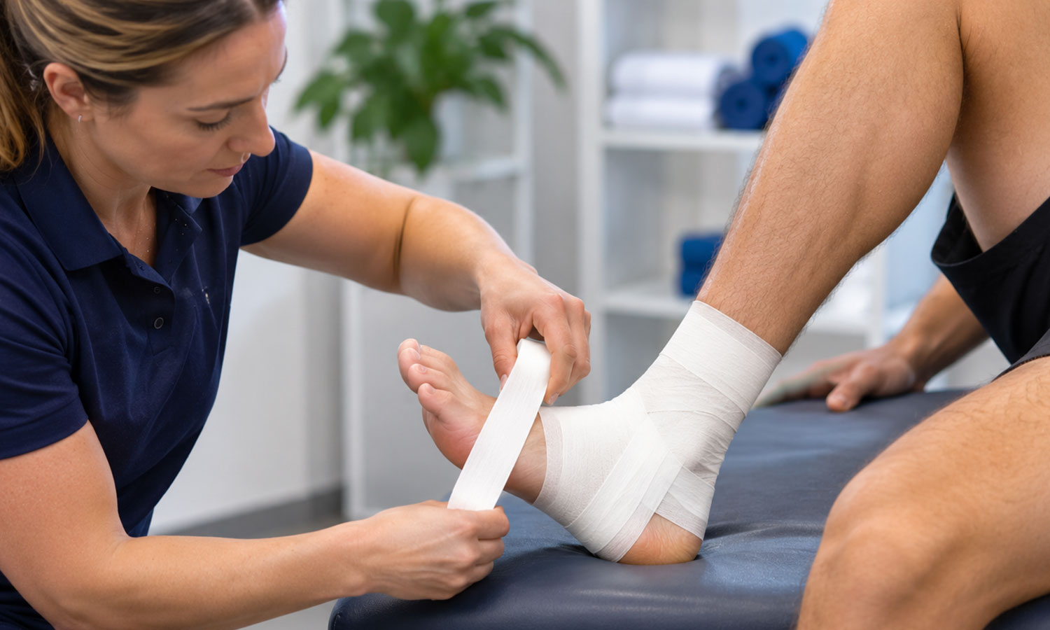 Physio applying ankle tape