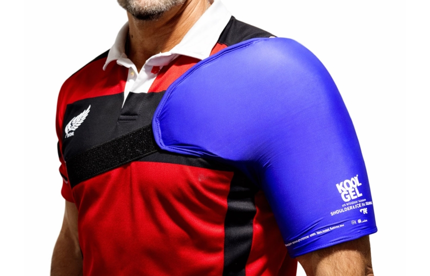 Pain relief shoulder sleeve on man