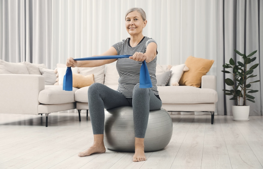 Older lady on exercise ball with resistance band