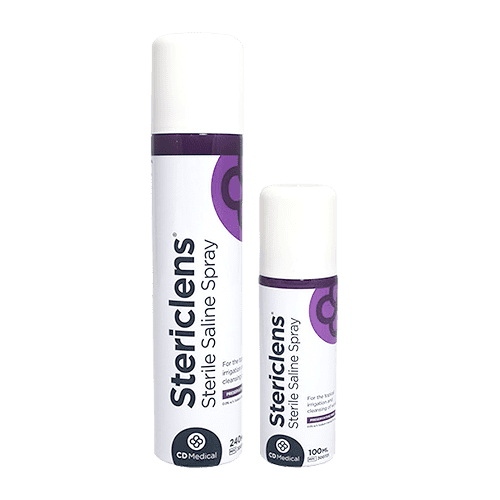 STERICLENS Sterile Saline Spray. Sterile Saline solution in a spray containing 0.9% sodium chloride in water, used for topical irrigation and cleansing of wounds.