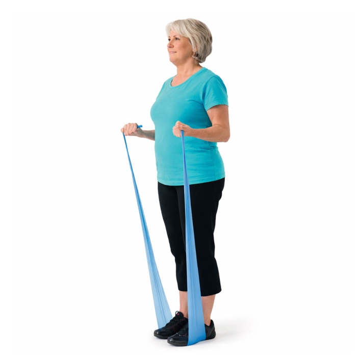 Latex-free resistance band being used by middle aged lady