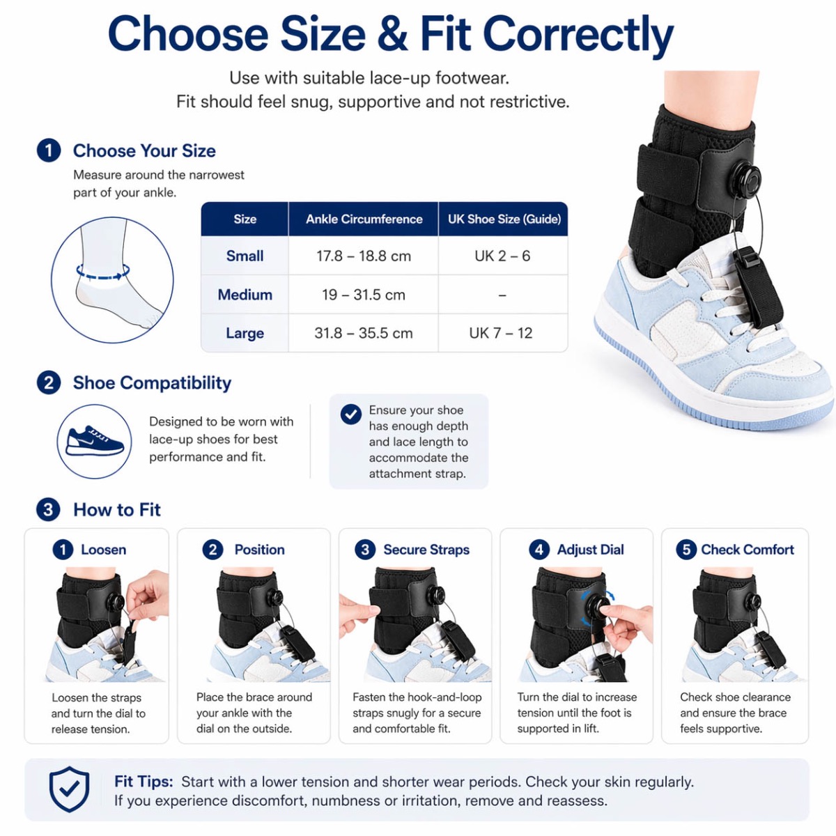 Drop foot brace worn with a lace-up shoe