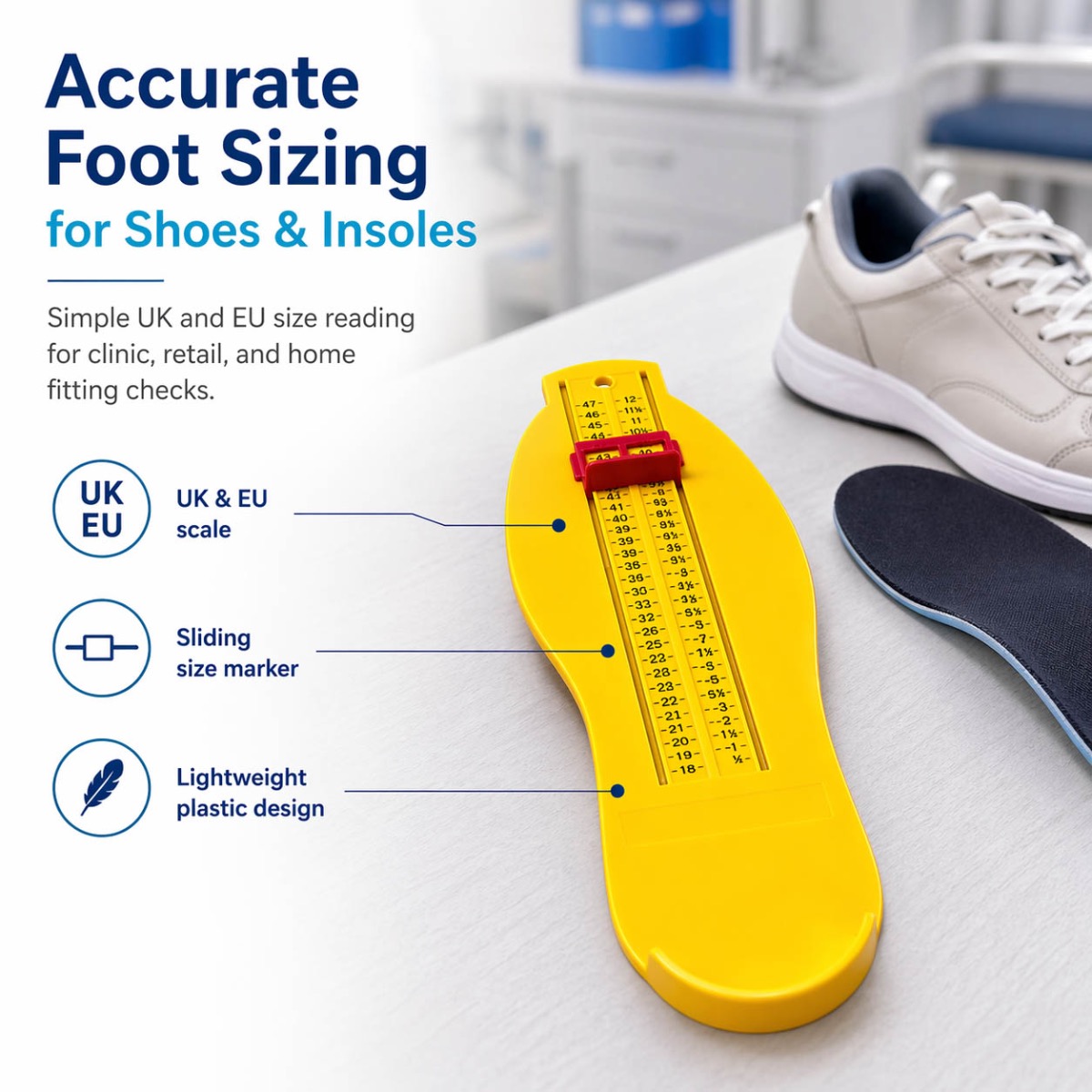 Yellow plastic foot measure for shoe and insole fitting