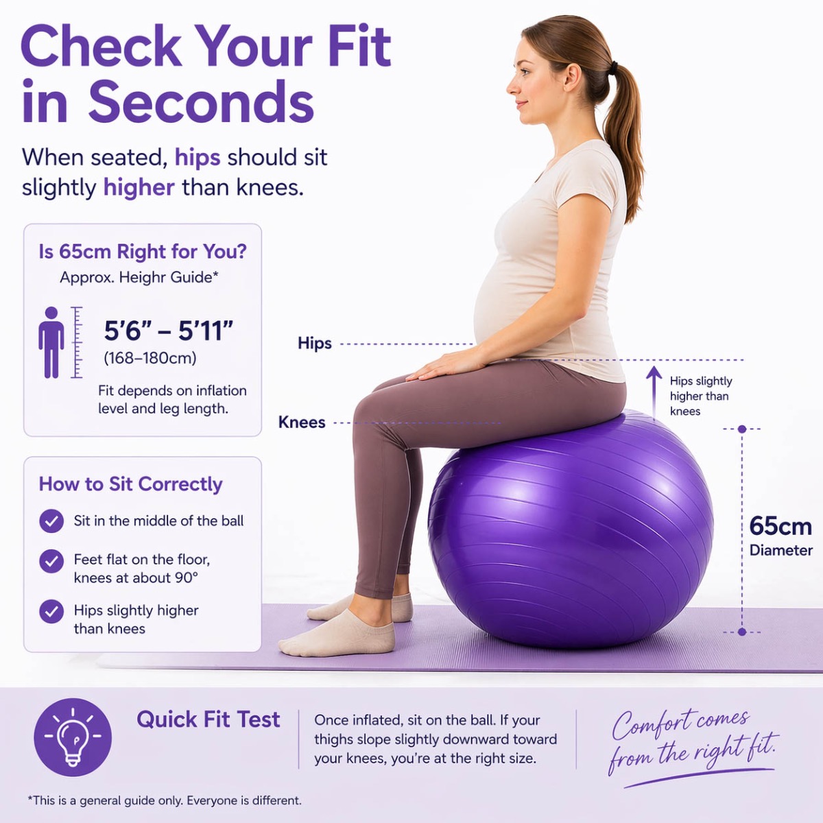 Pregnant user sitting on a purple birthing ball
