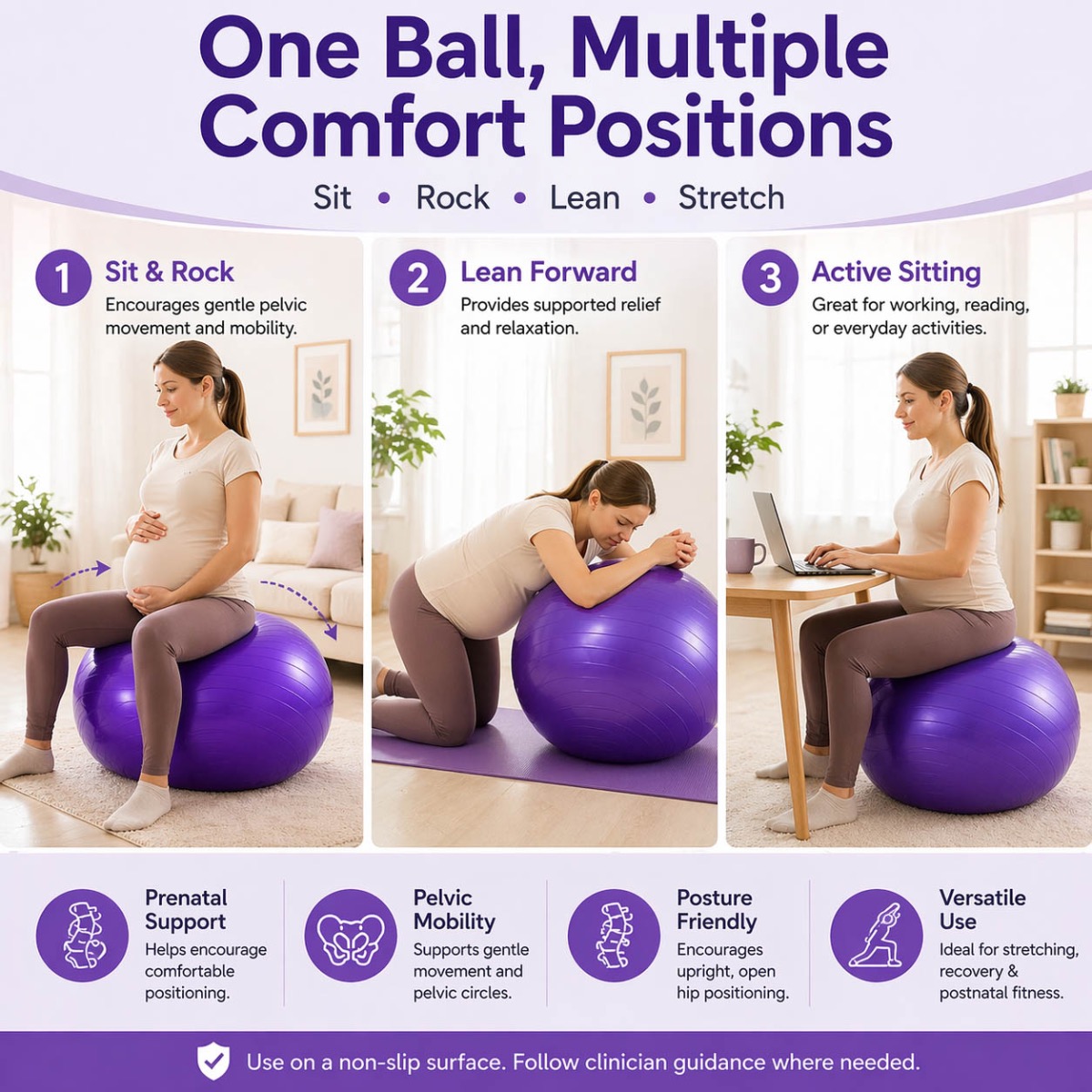 Purple 65cm maternity exercise ball with example exercise and sitting use