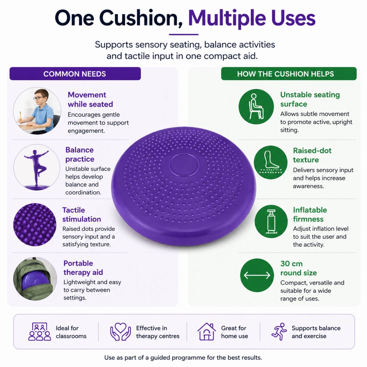 Purple Physioworx multi-use wobble cushion with textured surface