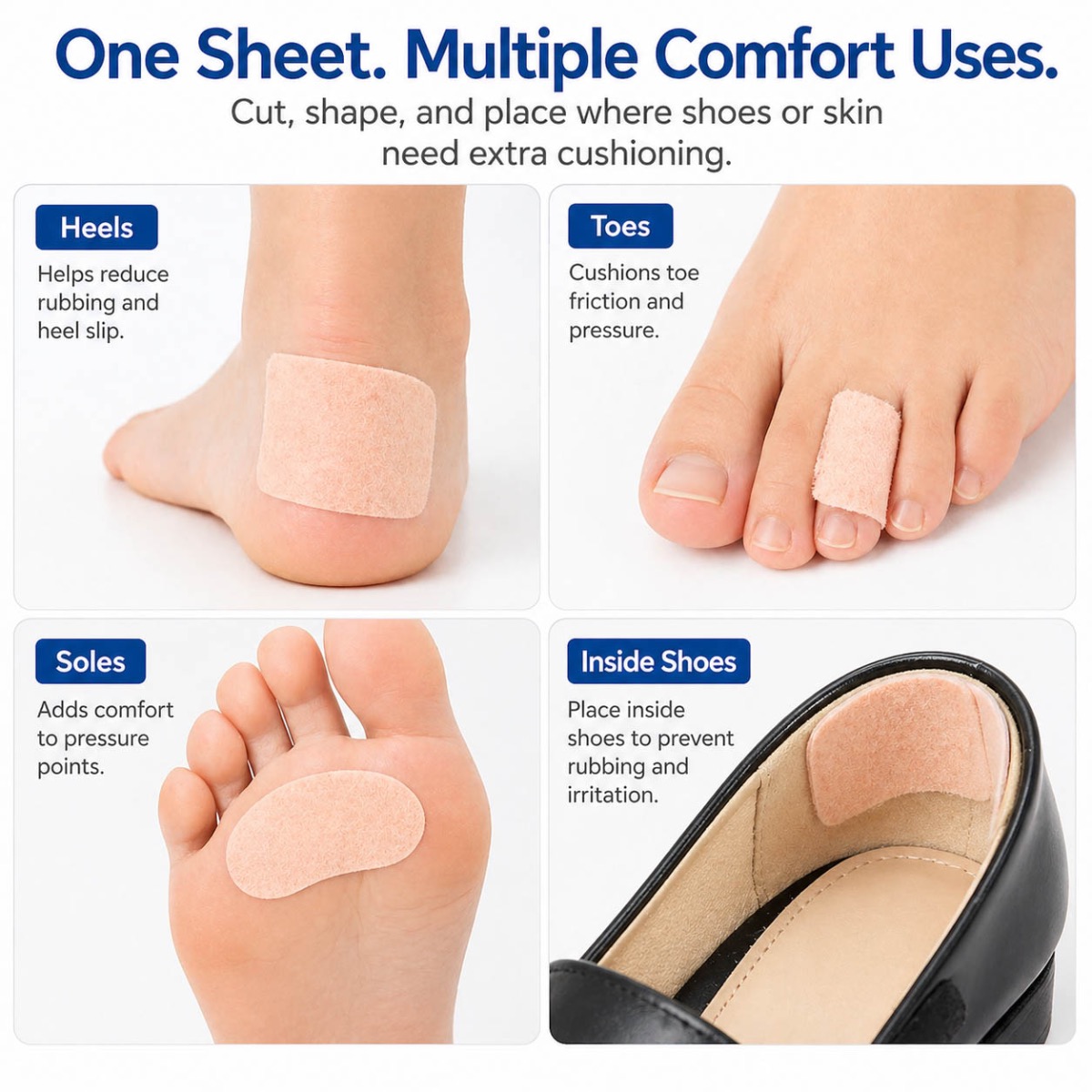 Examples of adhesive foot padding used on shoes, toes, heels, wrists and soles