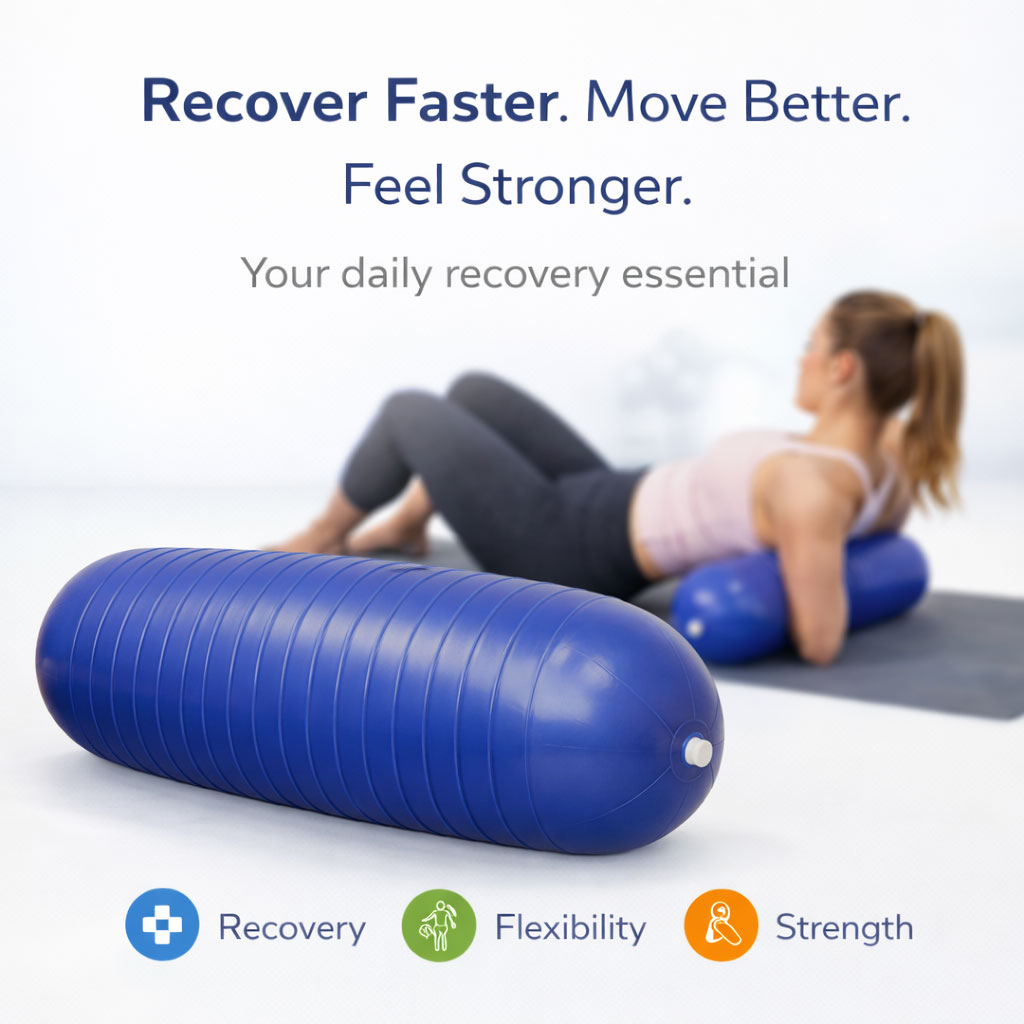 Inflatable body massage roller in blue with ridged surface